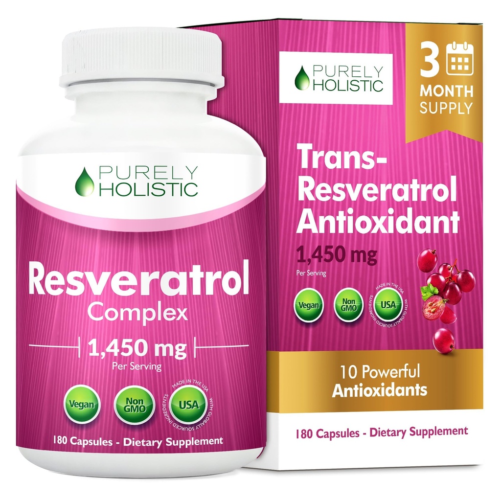 Doar Holistic Resveratrol 1450mg, 90 Servings, Trans-Resveratrol Antioxidant Supliment cu vitamina C și Complex Polifenol, 180 Vegan capsule