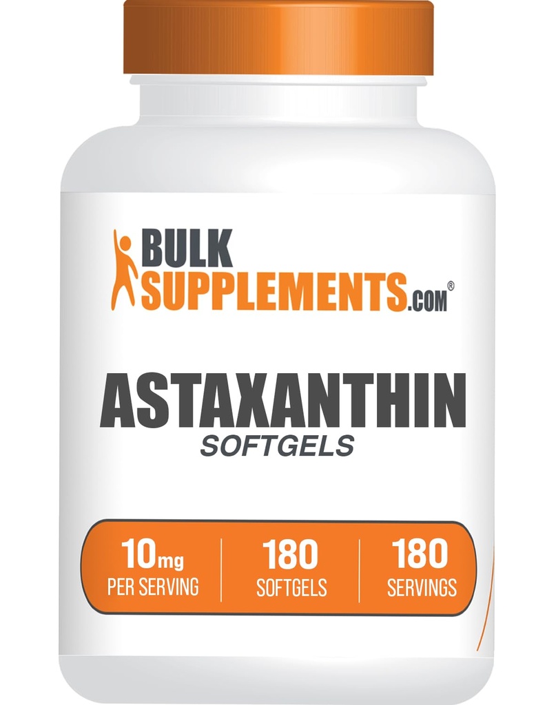 BulkSupplements.com Astaxanthin Softgels - Astaxanthin Supplements, Antioxidant Source - Gluten Free, 1 Softgel per Serving (10mg), 180 Count (Pachet de 1)