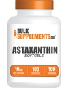 BulkSupplements.com Astaxanthin Softgels - Astaxanthin Supplements, Antioxidant Source - Gluten Free, 1 Softgel per Serving (10mg), 180 Count (Pachet de 1)
