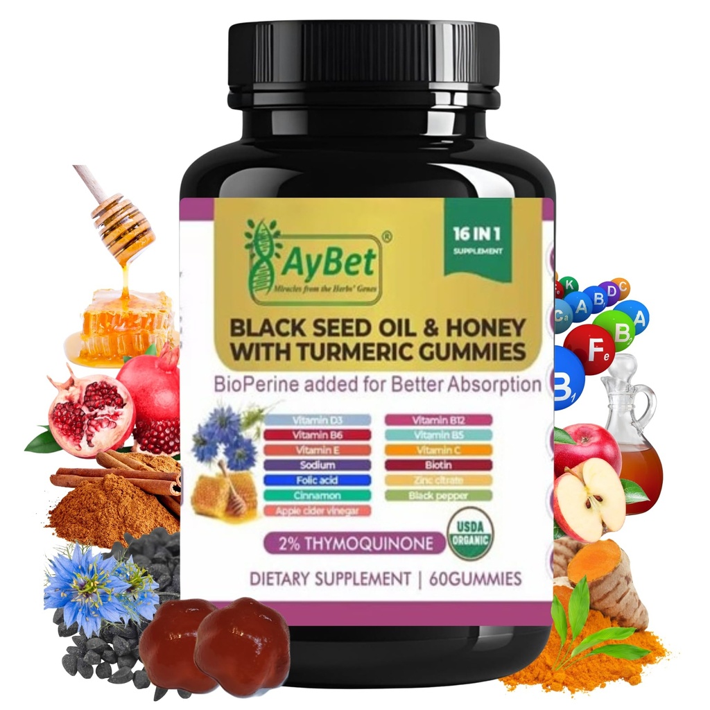 Black Seed Oil & Honey with Turmeric Gumries with BioPerine, Apple Cider Otegar, Biotin, Zinc & Vitamine C D3 B12 
