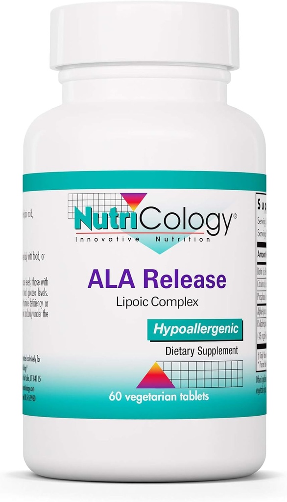 Nutricologie ALA eliberare - Complex de acid alfa-lipoic, R-Alfa-Lipoic, Biotin, Calciu, Supliment nutritional, Tablete vegetariene - 60 Conte