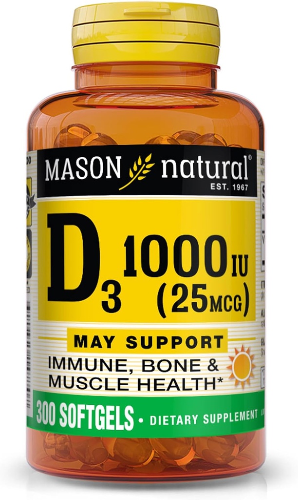 MASON NATURAL Vitamina D3 25 mcg (1000 UI), sprijină sănătatea generală, consolidează oasele și mușchii, din ulei de ficat de pește, 300 Softgels
