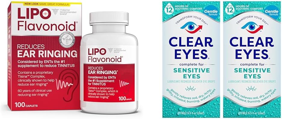 Lipo-Flavonoid Tinitus Relief Ureche Health Vitamine 100 Caplete şi ochi clar picături oculare sensibile 0. 5 Oz 2 Pack Bundle