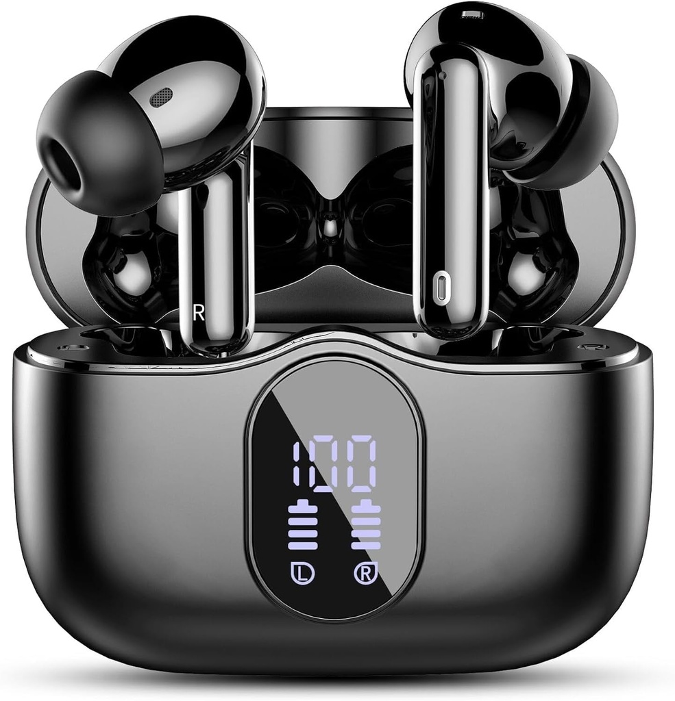 Căști fără fir, Bluetooth 5.4 Căști Bass Stereo, Muguri urechi cu zgomot Anulare ecran cu LED Mic, IP7 rezistent la apă în ureche Căști, 36H Timp de joacă pentru Laptop Pad Telefoane antrenament sportiv, negru