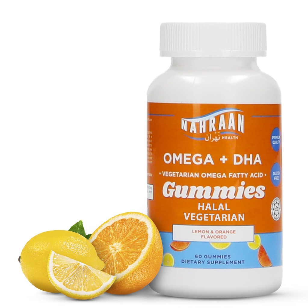 Halal Omega 3 pentru adulți și copii - Omega 3 gume vegetariene cu aromă de lămâie și portocale - Adulți și copii Gummies - 60 Conte