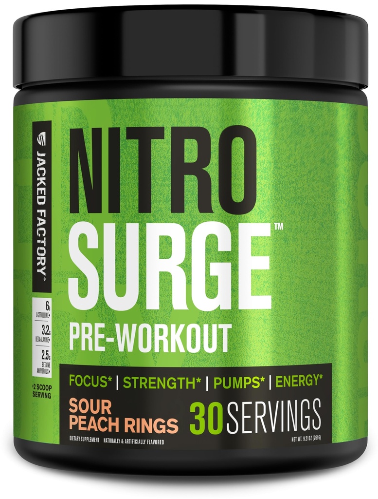 Fabrica Jacked NITROSURGE Suplimentul de pregătire - Energie fără sfârșit, câștiguri de putere instant, Focalizare clară, Pompe intense - NO Booster & Powerful Preworkout Energetic Powder - 30 Serviri, Sunete de piersici