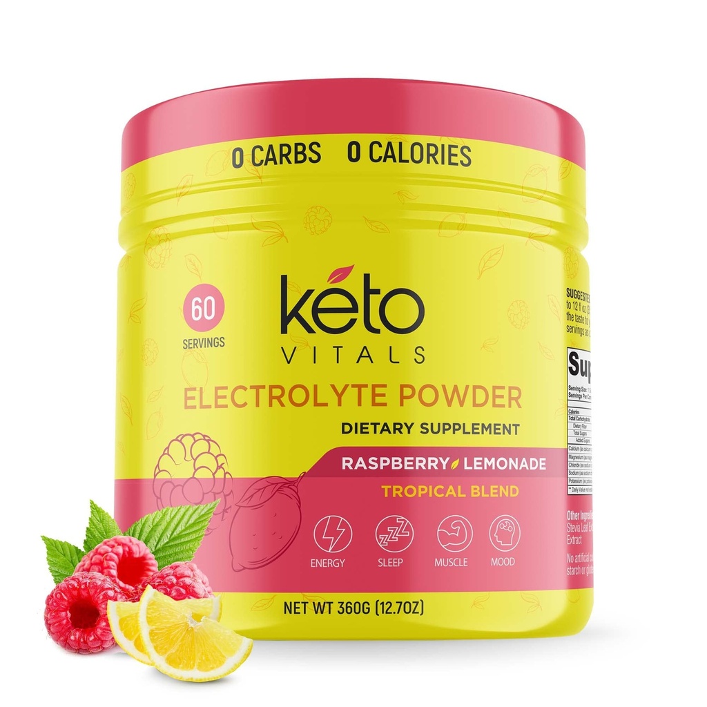 Keto Vitals Electrolits Pulbere - Zahar gratuit Keto Electroliti Pulbere cu Potasiu, Magneziu, Sodiu, & Calciu - Nu Zahăr Electrolit Drink Mix & Hydration Pulbere, 60 Serviri, Zmeură Lemonade