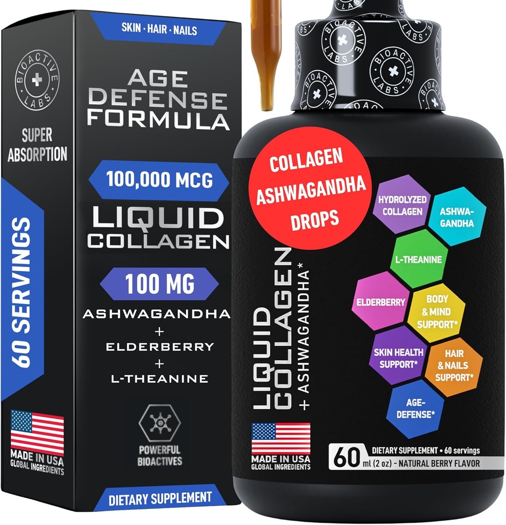 Colagen lichid pentru femei și bărbați cu calmant Ashwagandha - 100.000mcg bovine Colagen băutură, 100mg Ashwagandha lichid pentru piele radiant, păr, unghii, și suport imunitar - 2oz Aroma Berry picături
