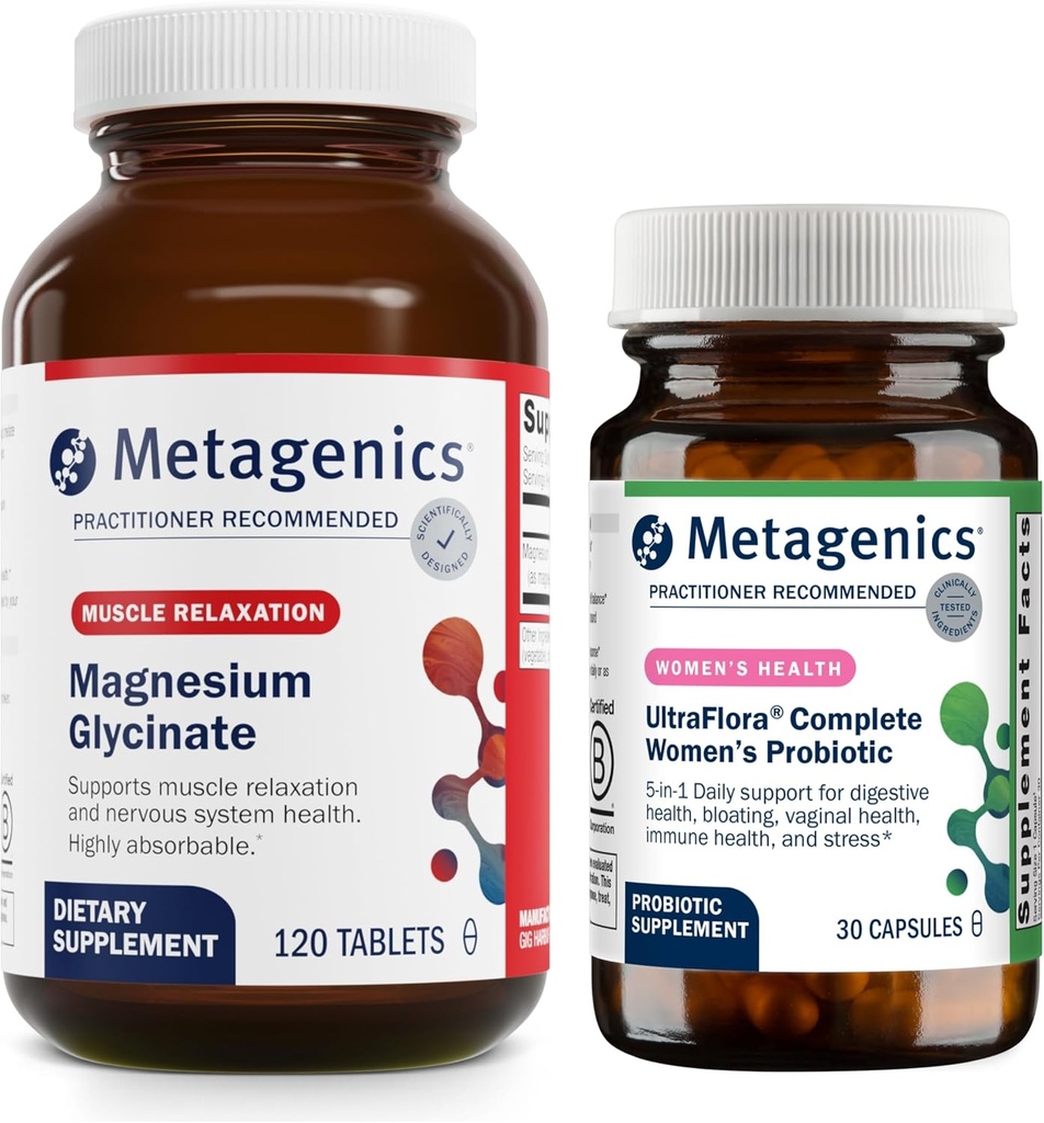 Metagenics Magnesium Glycinate (120 Tablets) & UltraFlora Complete Women's Probiotic (30 Capsules) - Absorbable Magnesium for Nervous System Support - Aids Digestive Health