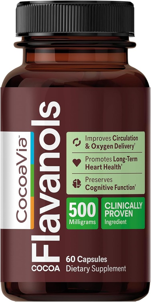 CocoaVia Heart & Brain Supplement, 30 Day, Cocoa Flavanol Extract, Memory & Circulation Booster, Nitric oxid, Boost Oxigen & Energy, Plant based, Gluten Free, Vegan, 60 Capsule