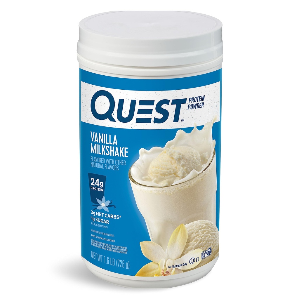 Quest Nutriție Vanilla Milkshake Pulbere Proteină, 24g de proteine, 1g de zahăr, Carb scăzut, Gluten gratuit, 1.6 Lire, 23 porţii