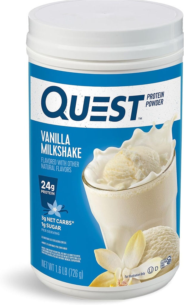 Quest Nutriție Vanilla Milkshake Pulbere Proteină, 24g de proteine, 1g de zahăr, Carb scăzut, Gluten gratuit, 1.6 Lire, 23 porţii