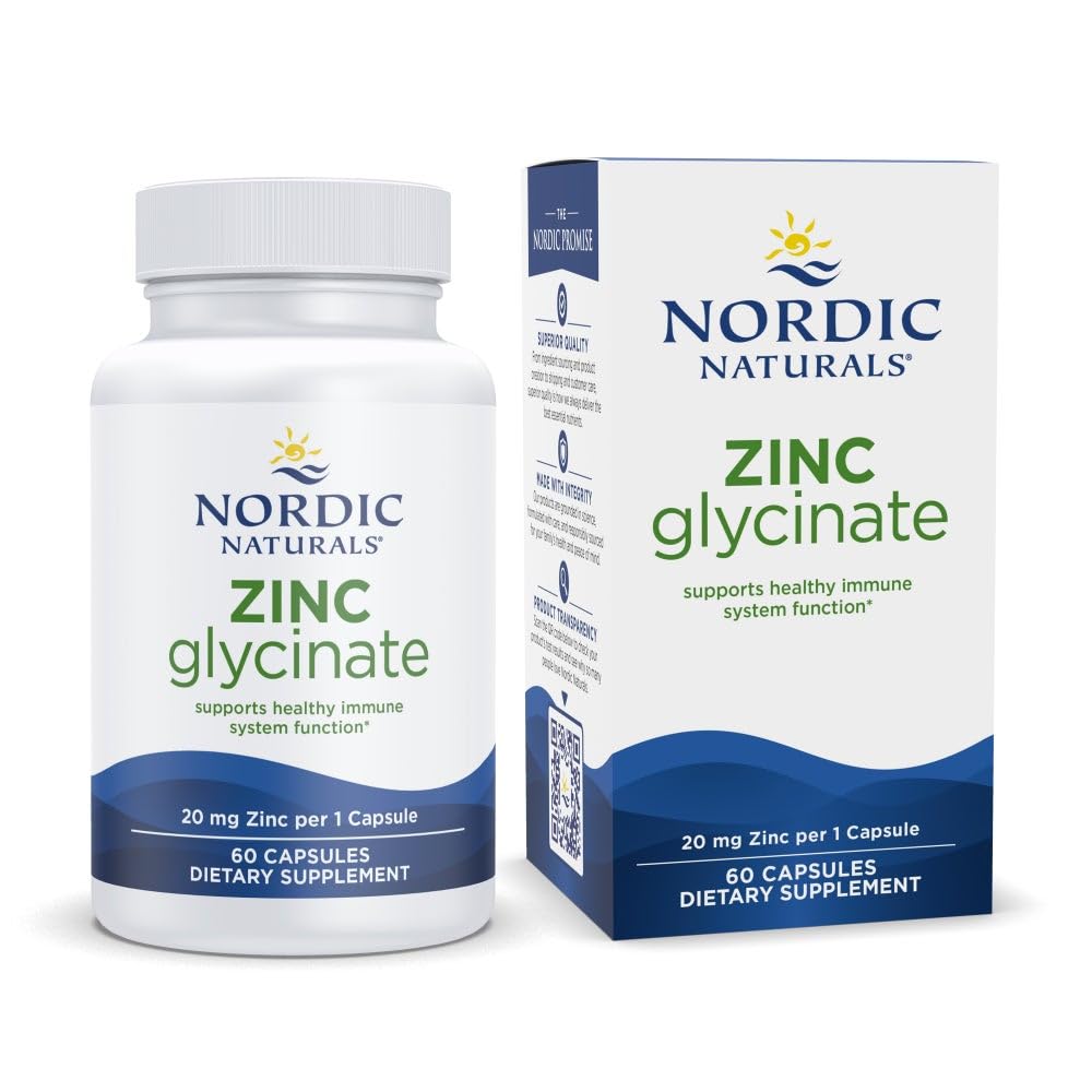 Glicinat de zinc Nordic Naturals - 60 capsule - 20 mg Glicinat de zinc foarte absorbabil - Wellness Optimal - Non-GMO, Gluten Free, Vegan - 60 Servings