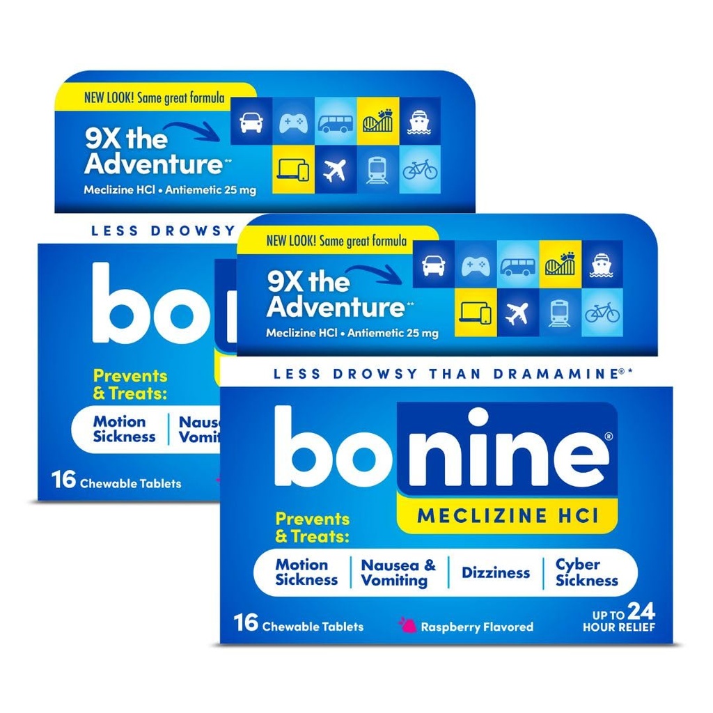 Bonine Ne-Drowsy Motion Relief de boală - 32 Tablete masticabile cu Meclizine HCL 25mg - non Drowsy Medicina pentru greață sau mișcare de boală - Cruise Essentials - Aroma de zmeură