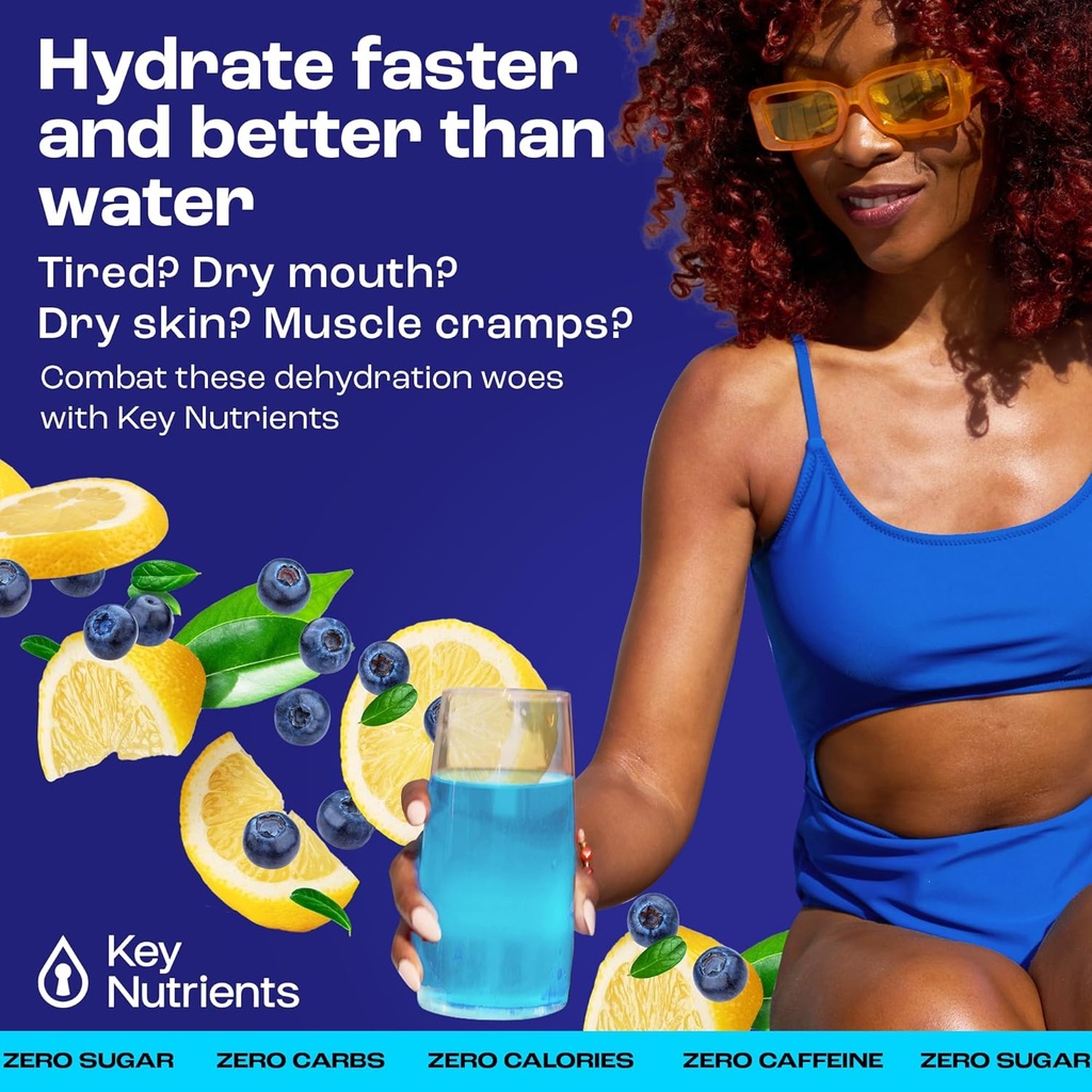 KEY NUTRIENTS Multivitamine Electroliti Pachete cu pulbere - Delicious Blueberry Lemonade 40 Pachete de hidratare - Praf de hidratare de calatorie - Fara zahar, fara calorii, Gluten Free - Made in USA