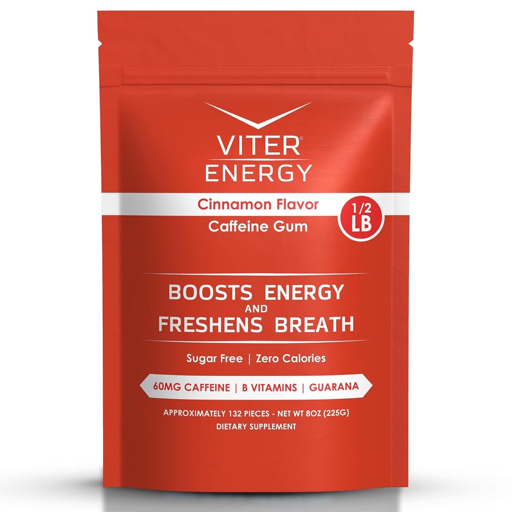 Viter Energy Caffeinated Gum 60mg Caffeine, B Vitamine, Guarana, Sugar Free. (Cinnamon, 8oz, Bulk Bag)