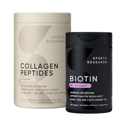 Cercetare sportivă Colagen Peptides pentru femei și bărbați Hidrolized Tip 1 & 3 Supliment de proteine Easy Mixing Vital Nutrients Proteine și Vegan Biotin 10.000mcg Max Putere B7 120 Softgels (4 Luna de aprovizionare)