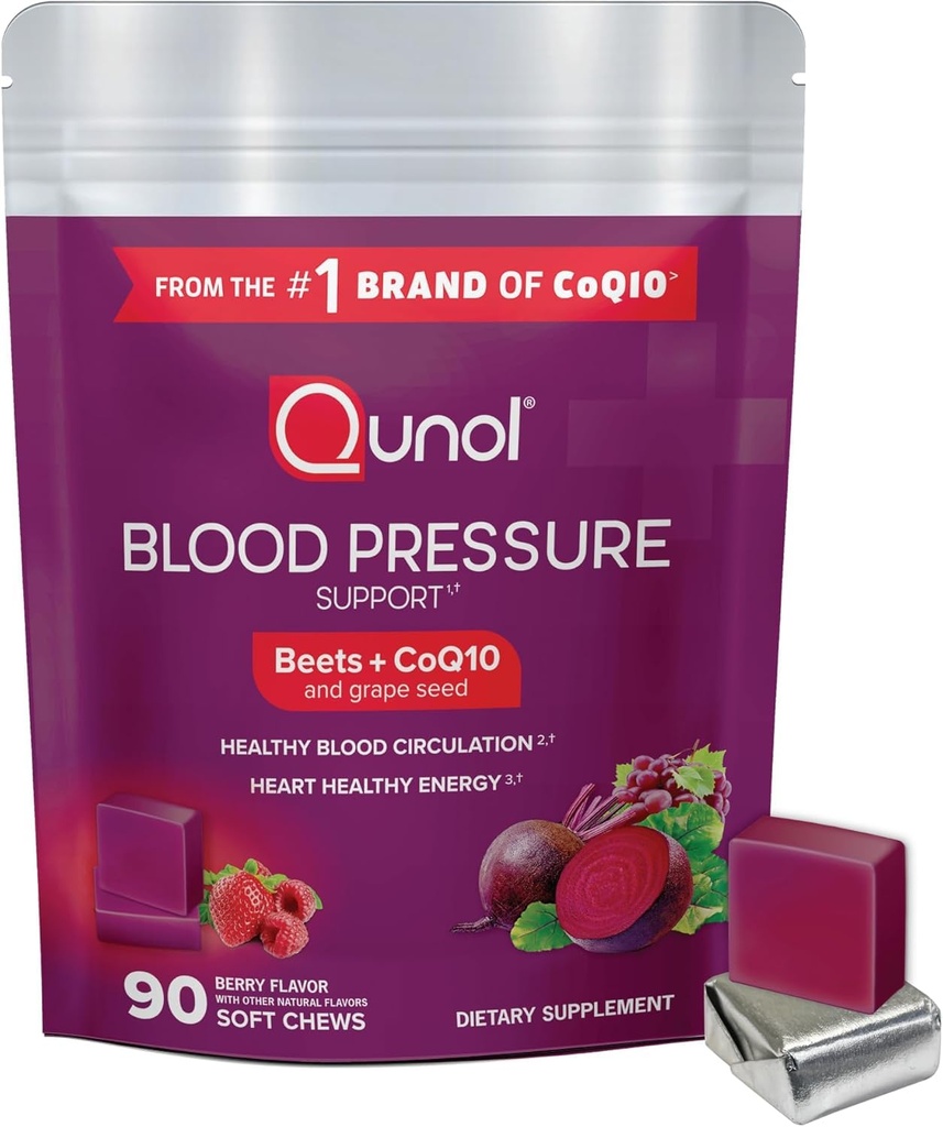 Qunol Beets Chews for Blood Pressure Support, 3 in 1 Beets + CoQ10 + Extract de semințe de struguri, susține circulatia sanatoasa a sangelui & Heart Healthy Energy, 90 Chews