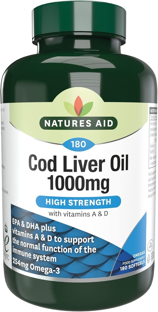 Natura Ajutor de mare putere Cod ulei de ficat 1000 mg cu vitamina A & D - 180 capsule