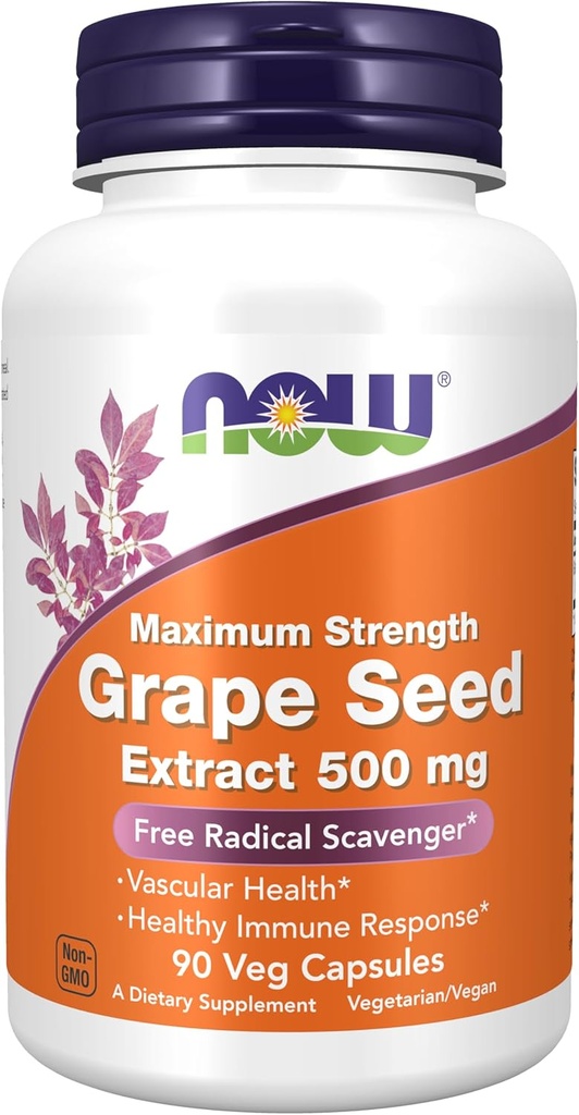 NOW Supplements, Grape Seed Extract, Maximum Strength 500 mg (a Highly Concentrated Extract with a Minimum of 90% Polyphenols), 90 Veg Capsules
