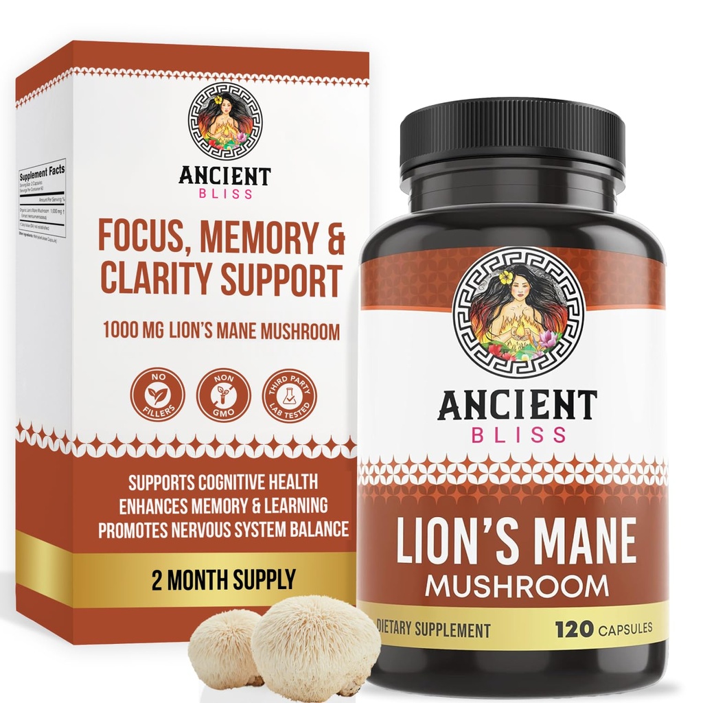 Vegetar Bliss Lion's Mane Supliment (2 lună de aprovizionare)- 120 Vegan Mushroom Capsule- mai sprijină Claritatea mentală, energie și mai focus- Memorie și sprijin imunitar supliment ciuperci