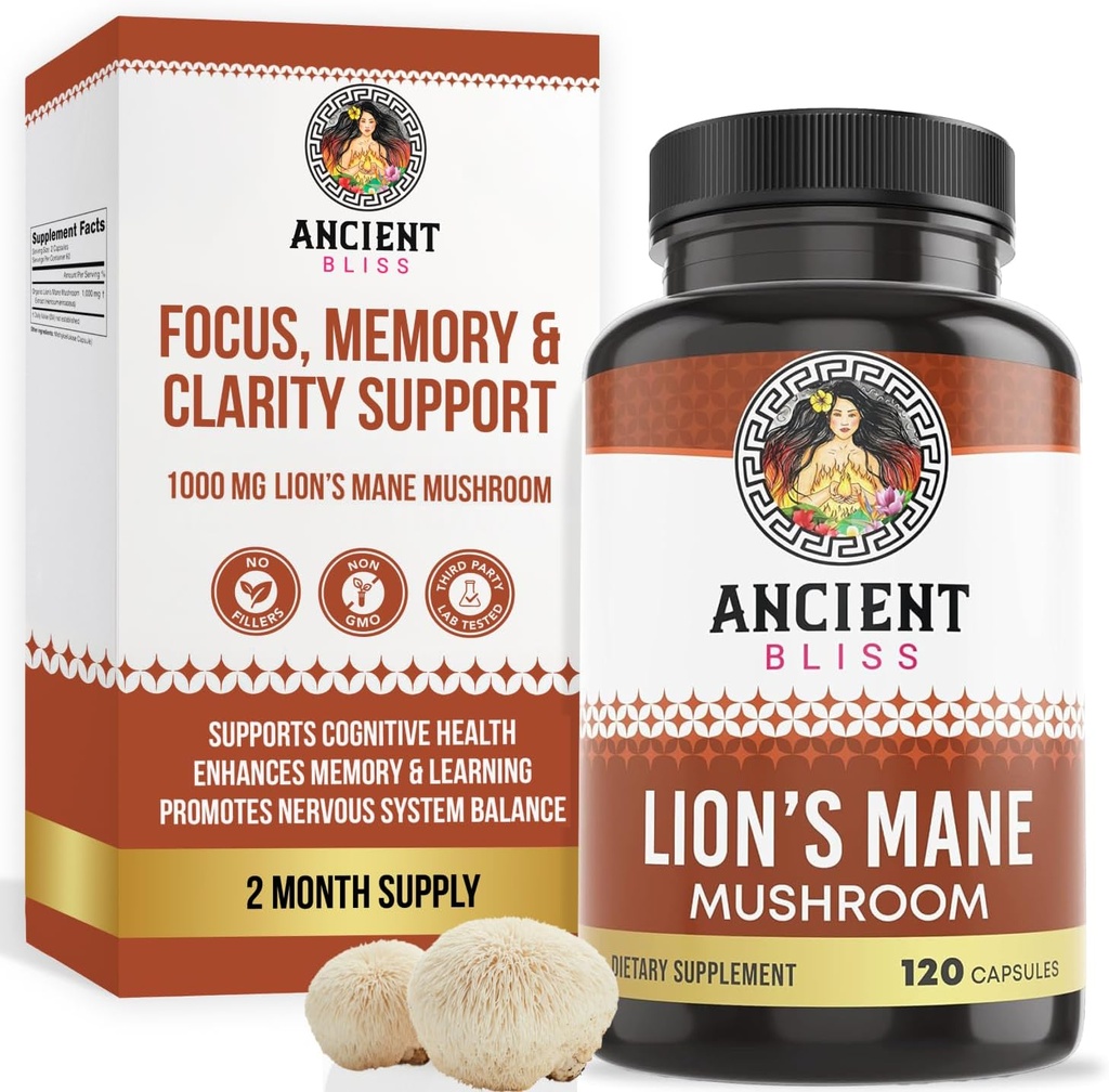 Vegetar Bliss Lion's Mane Supliment (2 lună de aprovizionare)- 120 Vegan Mushroom Capsule- mai sprijină Claritatea mentală, energie și mai focus- Memorie și sprijin imunitar supliment ciuperci