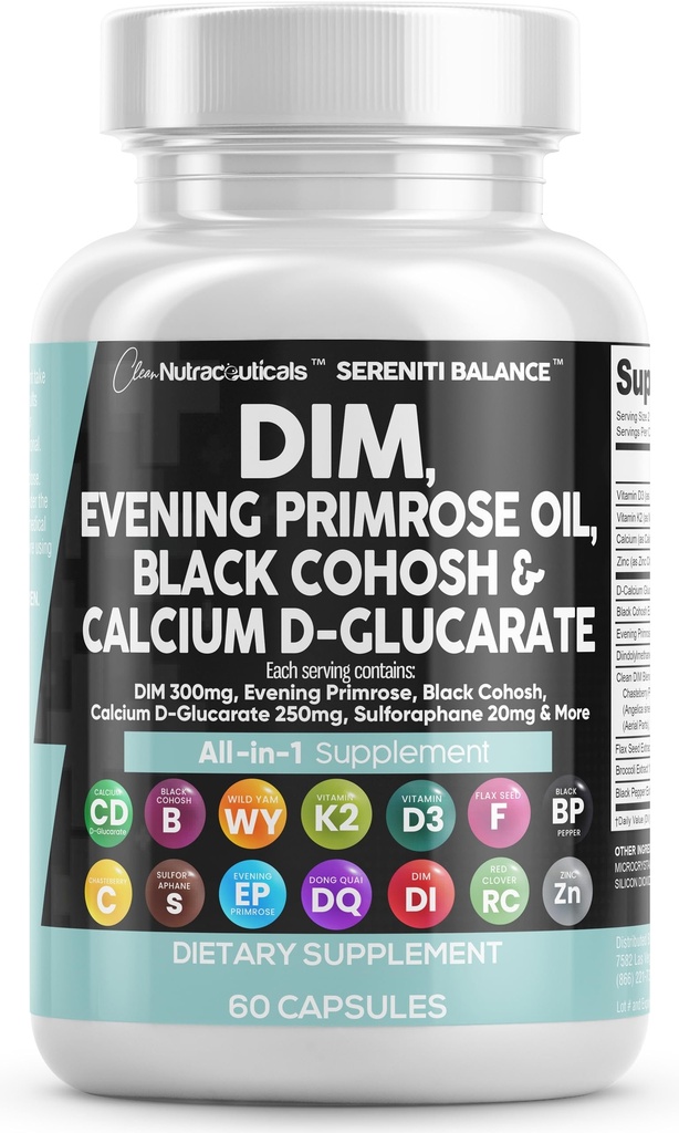 Clean Nutraceuticals DIM Evening Primrose Black Cohosh Calciu D-Glucarate Sulforaphane Flax Seed extract - Hormonial Support Vitamine pentru femeile cu Dong Quai - 60 Caps