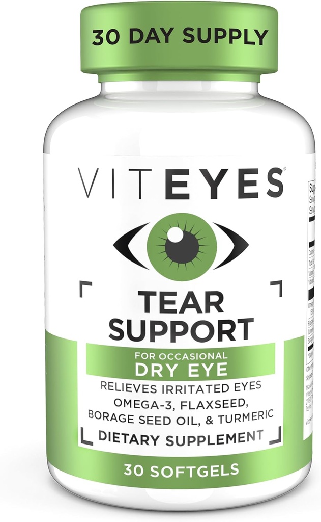 Viteyes Tear Support Eye Soothing Blend, Ocazional Second Eye Supplement, Fără picături de ochi, Relief de înroșire, Vitamina Eye, Sprijin de alergie pentru Itchy Eyes, Ulei de pește Omega-3, 30 Softgels