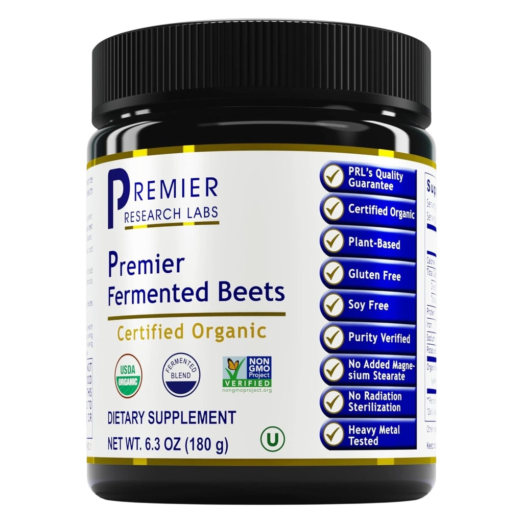 Premier Research Labs Premier Fermented Beets - Sfeclă Root Powder Fermented, Sfeclă verde pentru bărbați și femei, Sfeclă de sfeclă, Nitrates, Suport pentru tensiunea arterială, USDA Organic - 6,3 Oz Jar
