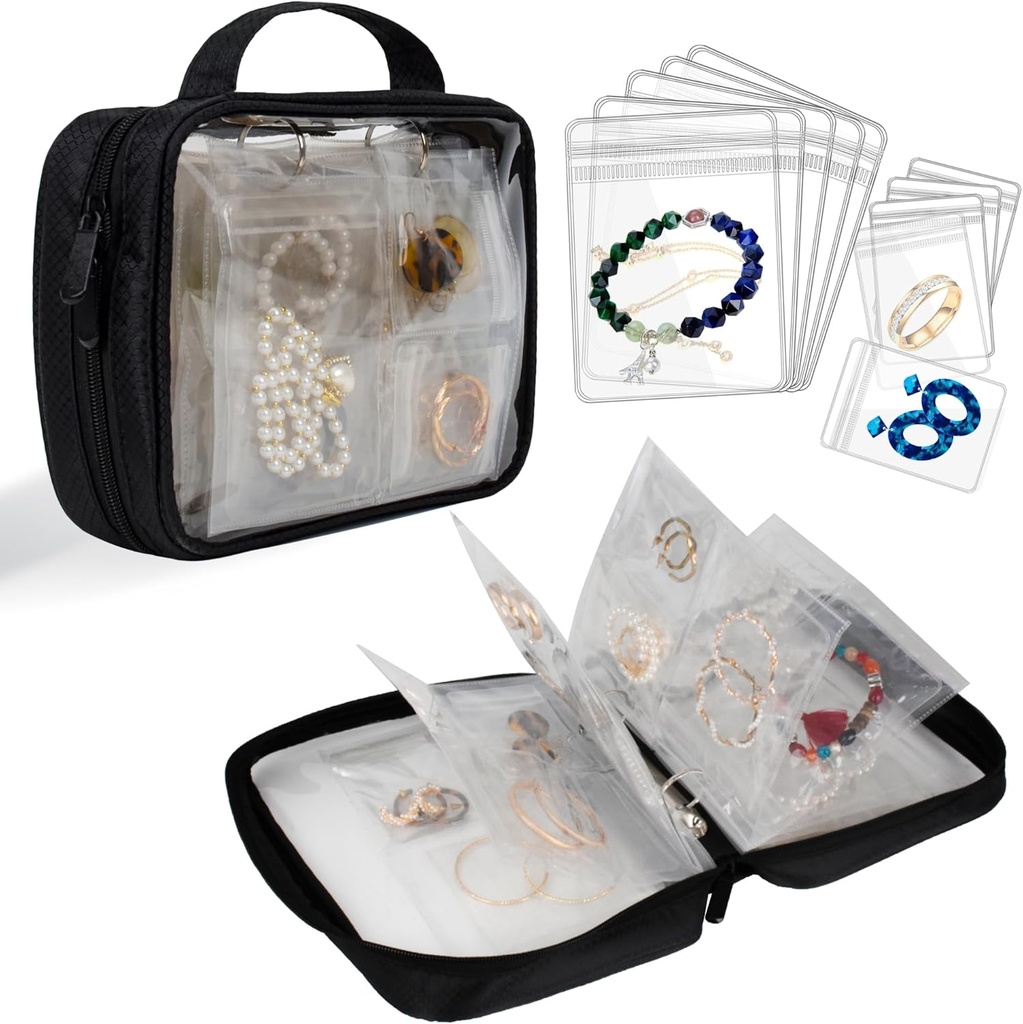 Bijuterii de călătorie Organizator caz bijuterii transparent carte Binder sac pentru cercei, inele, colier, brățară, negru