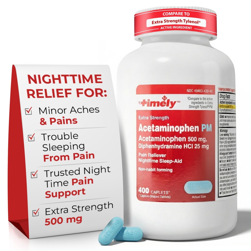 Timpul-CAP LABS, INC. Timely Acetaminofen PM - Extra Putere PM - 400 Count - Comparativ cu Tylenol PM Extra Putere - Pain Relief PM pentru un somn bun de noapte - Made in USA