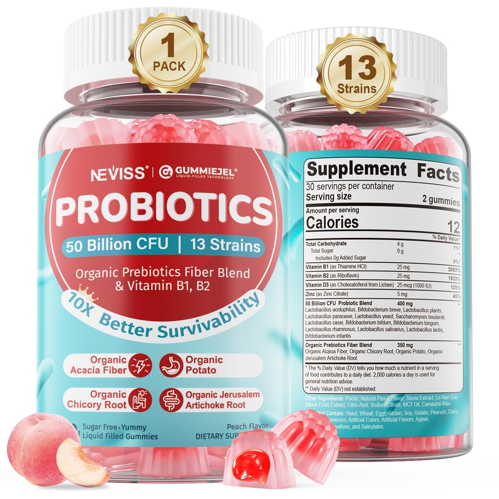NEVASS Probiotic + Gumiile prebiotice pentru adulți și copii 4+, Sugar Free Chemable 50 Miliarde CFUs w/Fibră, Vitamina B1 B2 D3 & Zinc, pentru Digestive & Gut Health, Boost Microflora Diversity, 60 Cts