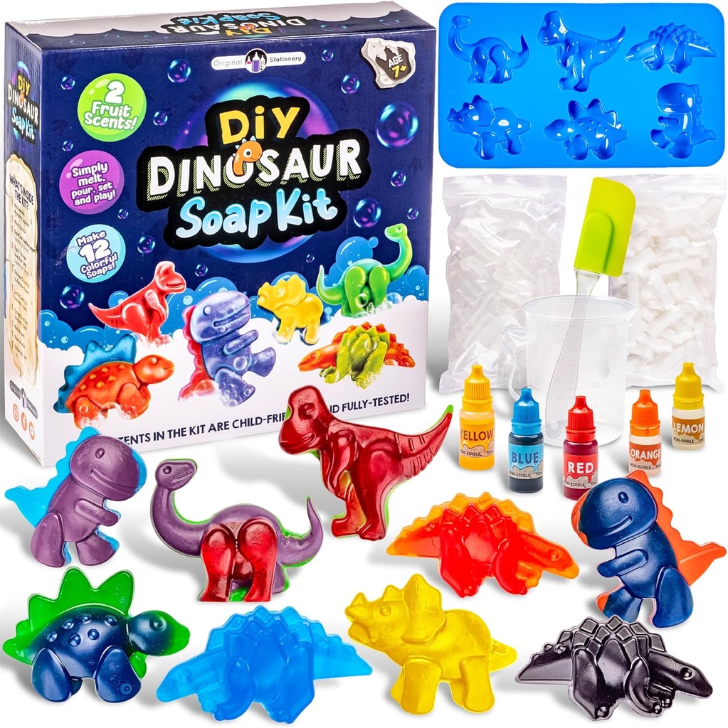 Garsonieră originală Dinozaur Soap Making Kit pentru copii, Kit de săpun DIY cu Dino Shaped Trays, Sapun Base, Culori cerneala si parfumuri, Kit educational de stiinta distractive pentru baieti si fete, jucării pentru copii creativi
