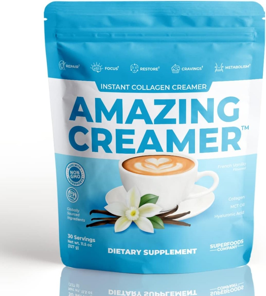 Superfoods Company Amazing Creamer with Colagen - Keto Creamer-Hyaluronic Acid & MCT Ulei - Creier Boost & Curbs Cravings - Suporturi Sanatos Skin & Hair - Diet-Friendly [30 Serviri] [Vanilla]