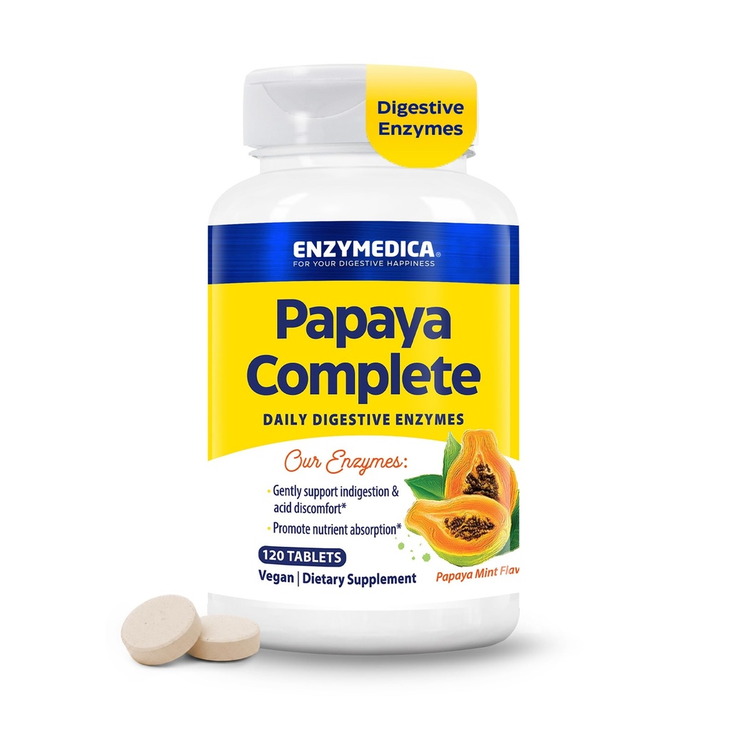Enzymedica Papaya Enzime Chewable, Enzime digestive pentru femei și bărbați, cu Papaya Organic suc și clorofilă, Bromelain & Papain de mare potențial, Vegan, aroma de mentă, 120 comprimate