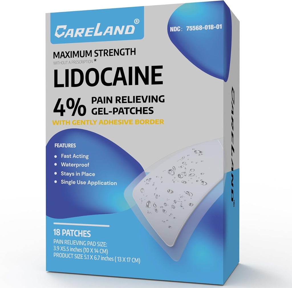 CARELAND 4% Lidocaină Patch-uri 18 PC-uri rezistent la apă Rezistenta maxima Back Pain Produse de relief patch-uri cu granita adeziva puternica, pentru gât Knee Nervi Umăr durere Relief relaxor musculare, Super Sticky