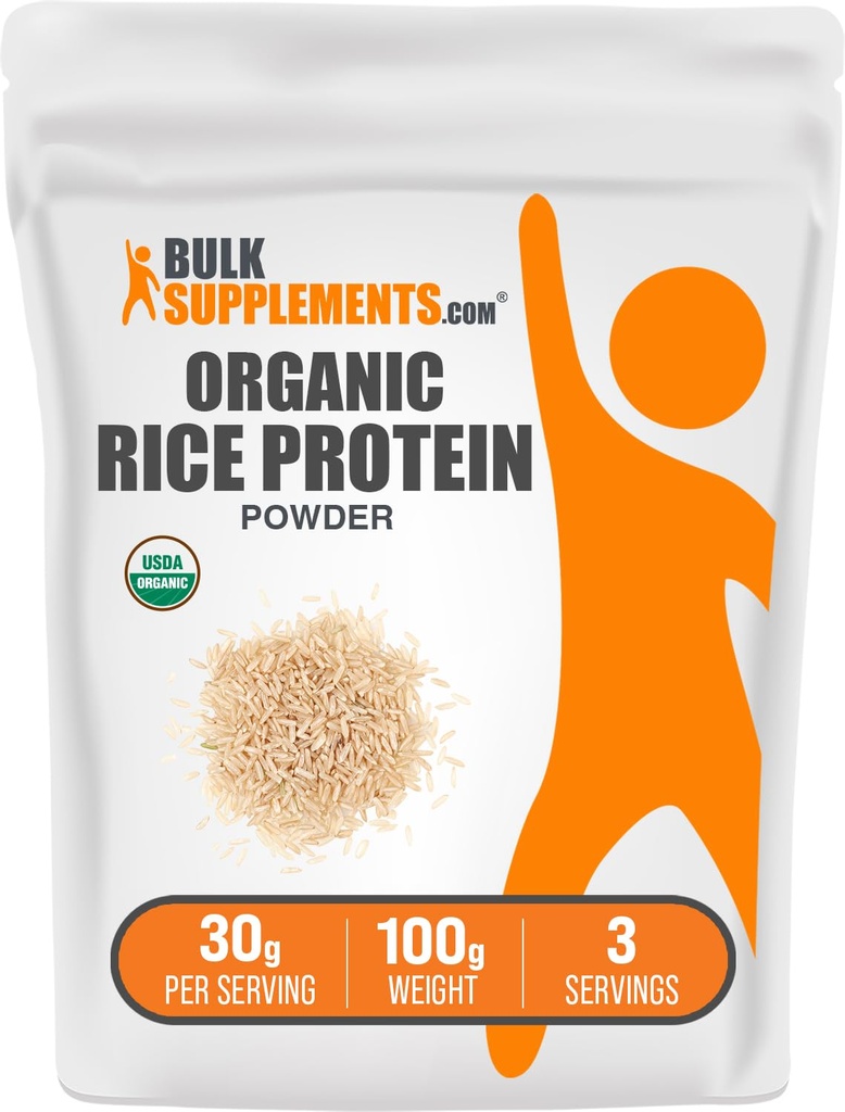 BulkSupplements.com Pudră organică de proteine din orez - Proteină vegetală Vegană, fără aromă - Vegan & Gluten Free, 30g per Serving, 100g (3.5 oz) (Pachet de 1)