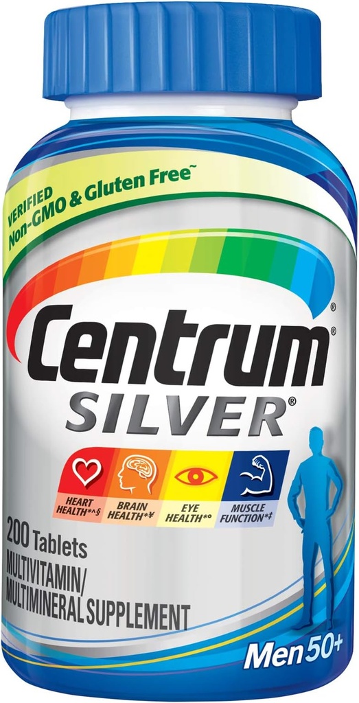 Centrum Silver Multivitamine pentru bărbaţi 50 Plus, Multimineral Supplement, Vitamina D3, B-Vitamina si Zinc, Gluten gratuit, Ingrediente non-GMO, Suporturi de memorie şi cogniţie la adulţi mai în vârstă - 200 Ct