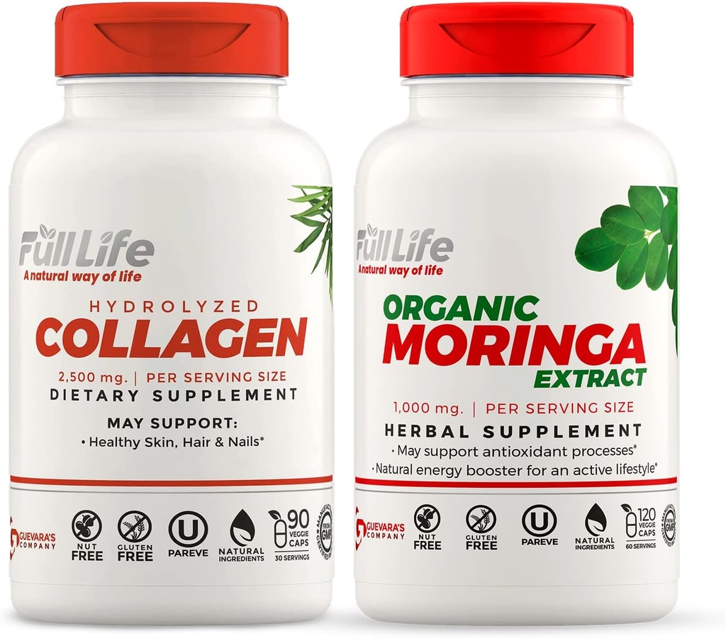 Full Life Colagen hidrolizat și Moringa Oleifera capsule - suplimente alimentare - Pastile bovine Colagen pentru femei și bărbați, Gluten-Free - Capsule vegetale