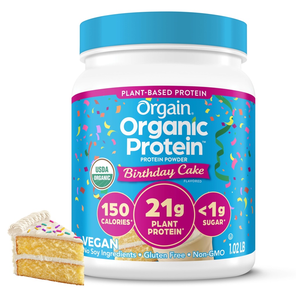Orgain Organic Vegan Praf de proteine, Tort de nastere - 21g Proteina pe baza de plante, 7g Fibră prebiotică, Carb net scăzut, Nu Ingrediente Lactoză, Nu Zahăr adăugat, Non-GMO, pentru Shakes & Smoothies, 1.02 lb