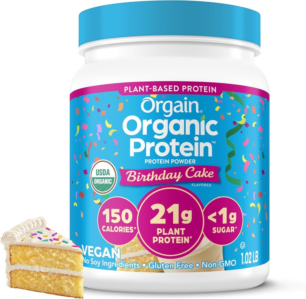 Orgain Organic Vegan Praf de proteine, Tort de nastere - 21g Proteina pe baza de plante, 7g Fibră prebiotică, Carb net scăzut, Nu Ingrediente Lactoză, Nu Zahăr adăugat, Non-GMO, pentru Shakes & Smoothies, 1.02 lb