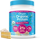 Orgain Organic Vegan Praf de proteine, Tort de nastere - 21g Proteina pe baza de plante, 7g Fibră prebiotică, Carb net scăzut, Nu Ingrediente Lactoză, Nu Zahăr adăugat, Non-GMO, pentru Shakes & Smoothies, 1.02 lb