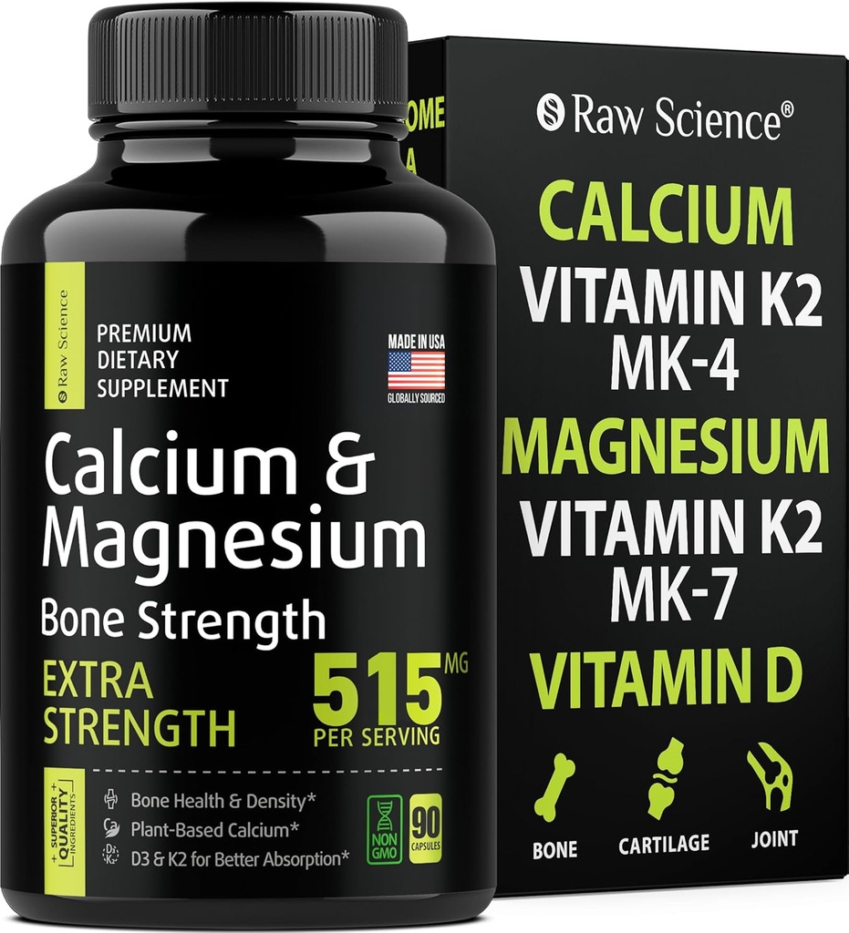 Citrat de calciu cu vitamina D3 K2 și glicinat de magneziu - Suplimentul de rezistență osoasă - Suplimente de calciu pe bază de plante pentru femei și bărbați - Magneziu și calciu D3 K2 pastile pentru sănătatea osoasă - 90 capsule