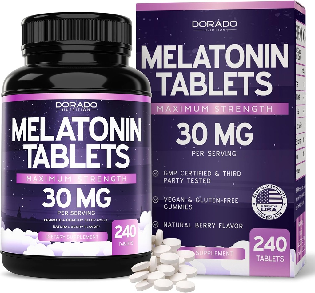 Melatonina 30 mg comprimate pentru adulţi (240 comprimate) - comprimat de dizolvare rapidă cu 30 mg melatonină per comprimat - Gluten-free, non-GMO, 100% Vegetarian, & Great Tasting - Aroma Berry amestecat - Made in USA