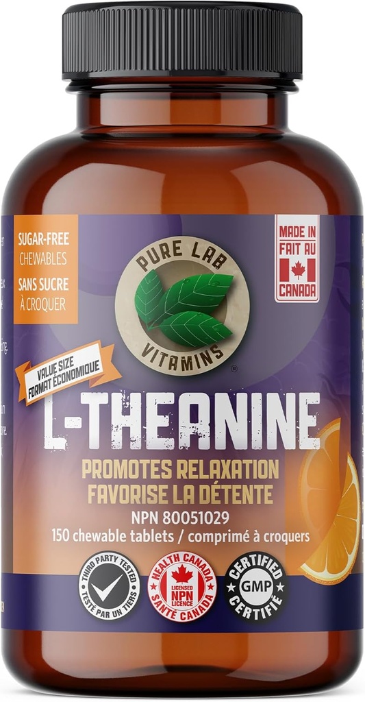 Vitamine pure de laborator - L-Theanine 125mg, 150 comprimate masticabile - L-Theanin supliment pentru a promova relaxarea, Sleep Support, Mood Support, Brain Memory and Focus Supliment - Îmbunătățește calitatea somnului