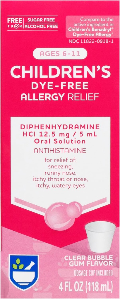 Rite Ajutor pentru copii Alergie Relief, Difenhidramină HCI, Bubble Gum Aroma, 12,5 mg - 4 oz 