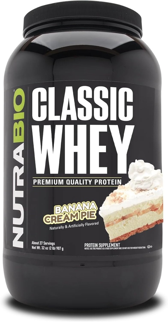 NutraBio Classic Whey Protein Powder- 25G Proteine per scoop - Full-Spectru Amino Acid Profile - Fără Fillere, Culori artificiale, Conservative - (Banana Cream Pie, 2 Lire)