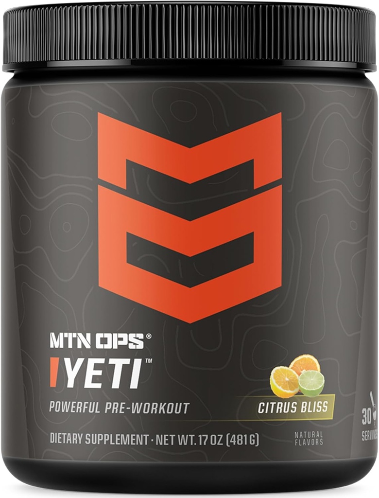 MTN OPS Yeti Pre-Working Powder Energy Drink with Creatine, 200mg Caffeine & BCAAs with Beta Alanine, 30-Serving Tub, Citrus Bliss
