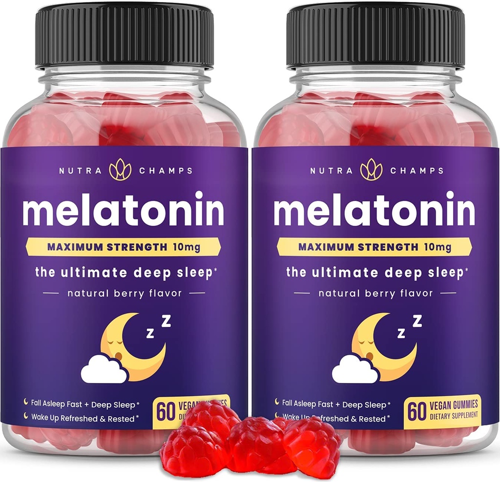 NutraChamps (Pachet de 2 gume Melatonin pentru adulți, extra puterea de dormit de ajutor vitamine, 5mg sau 10mg doza, aroma de capsuni naturale Vegan pentru somn mai bun, 120 gume