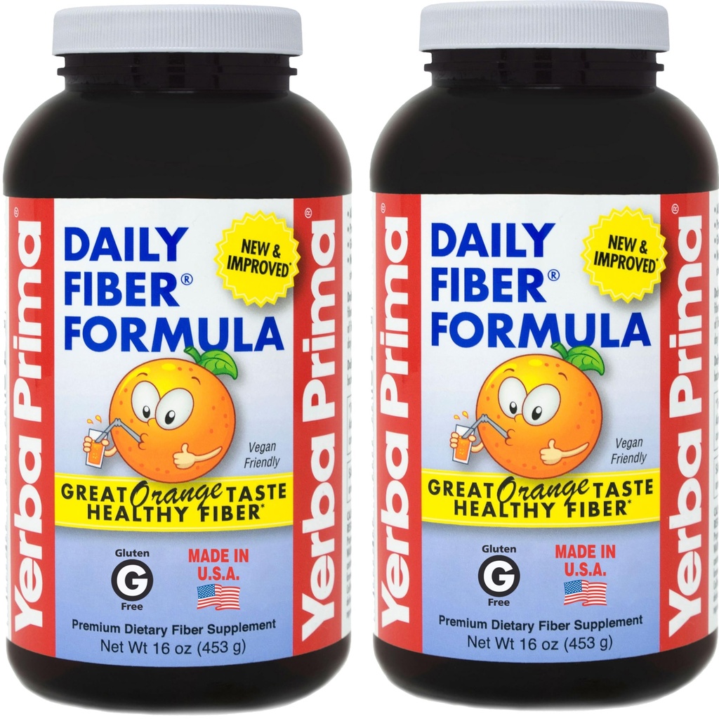 Yerba Prima Daily Fiber Formula 16 oz (Pachetul de 2) - Premium Dietary Fiber Supplement, Non-GMO, Gluten Free, Made in the USA, Orange Flavor
